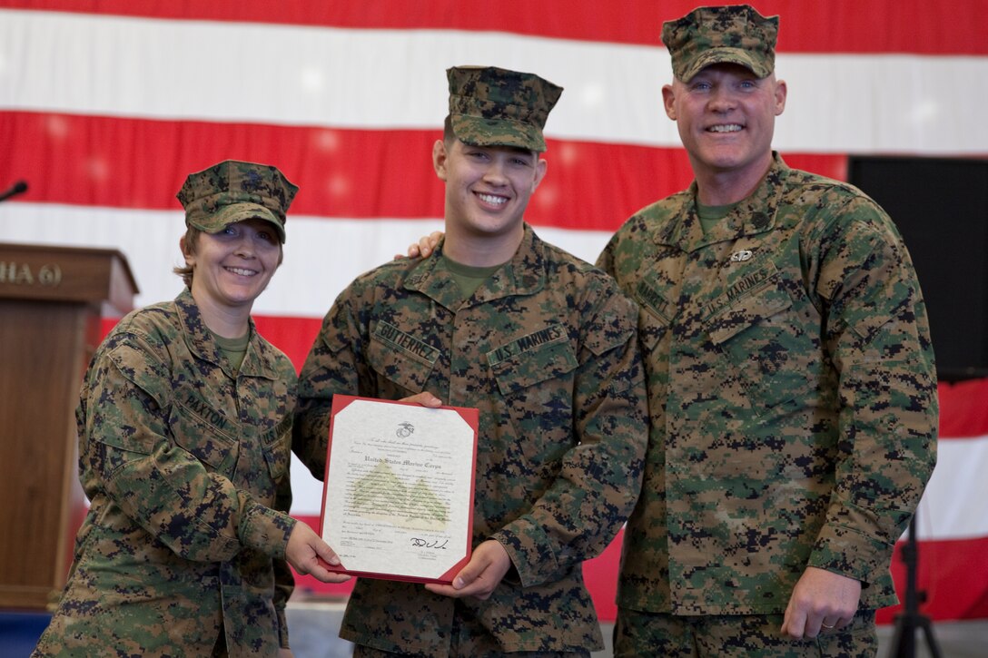 Sgt. Maj. Micheal P. Barrett, the 17th Sergeant Major of the Marine Corps, congratulates newly promoted Sgt. Marcos Gutierrez at his promotion ceremony aboard the USS America (LHA-6), at Naval Base San Diego, Calif., on Jan. 5, 2015. (U.S. Marine Corps photo by Lance Cpl. Samantha K. Draughon/ Released) 