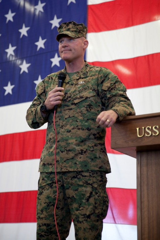 Sgt. Maj. Micheal P. Barrett, the 17th Sergeant Major of the Marine Corps, speaks to Marines and Sailors aboard the USS America (LHA-6), at Naval Base San Diego, Calif., on Jan. 5, 2015. (U.S. Marine Corps photo by Lance Cpl. Samantha K. Draughon/ Released)