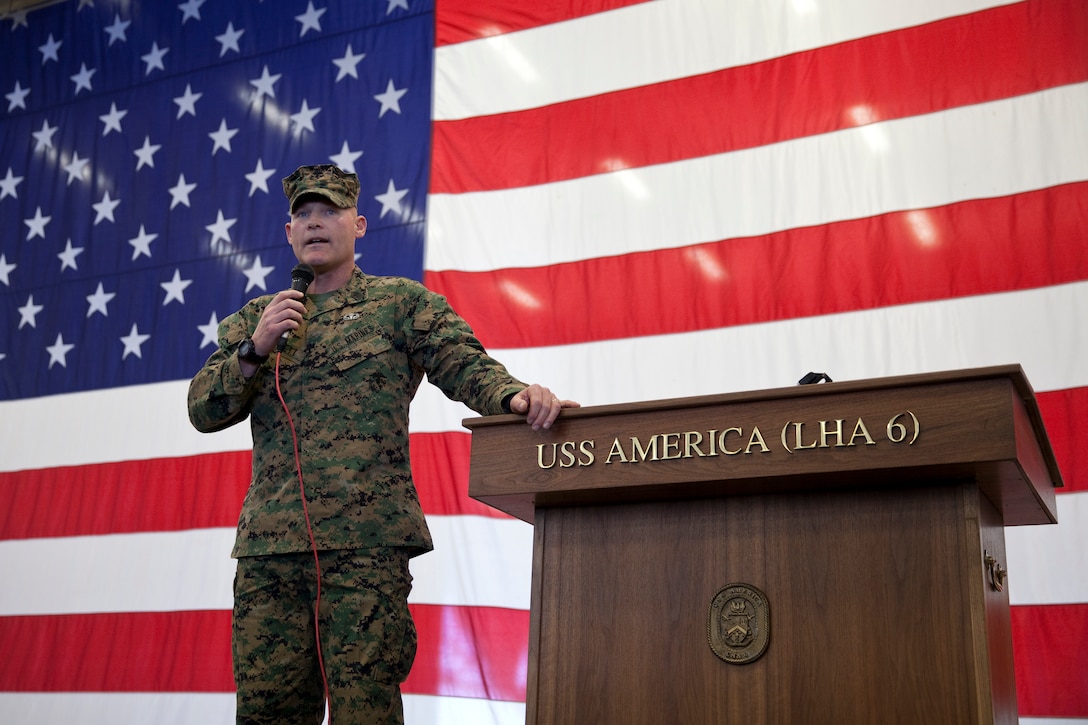 Sgt. Maj. Micheal P. Barrett, the 17th Sergeant Major of the Marine Corps, speaks to Marines and Sailors aboard the USS America (LHA-6), at Naval Base San Diego, Calif., on Jan. 5, 2015. (U.S. Marine Corps photo by Lance Cpl. Samantha K. Draughon/ Released)
