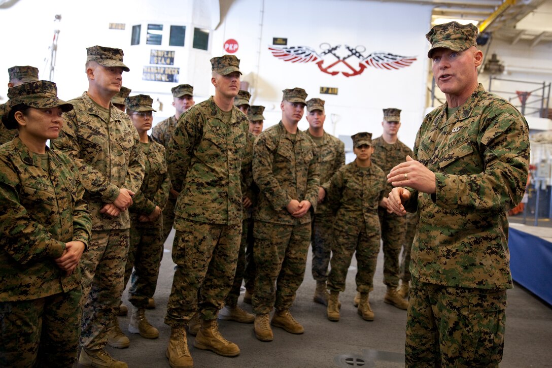 Sgt. Maj. Micheal P. Barrett, the 17th Sergeant Major of the Marine Corps, speaks to Marines and Sailors aboard the USS America (LHA-6), at Naval Base San Diego, Calif., on Jan. 5, 2015. (U.S. Marine Corps photo by Lance Cpl. Samantha K. Draughon/ Released)