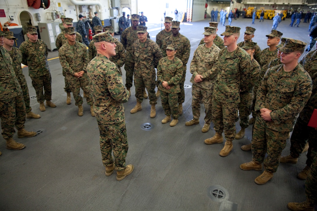 Sgt. Maj. Micheal P. Barrett, the 17th Sergeant Major of the Marine Corps, speaks to Marines and Sailors aboard the USS America (LHA-6), at Naval Base San Diego, Calif., on Jan. 5, 2015. (U.S. Marine Corps photo by Lance Cpl. Samantha K. Draughon/ Released)