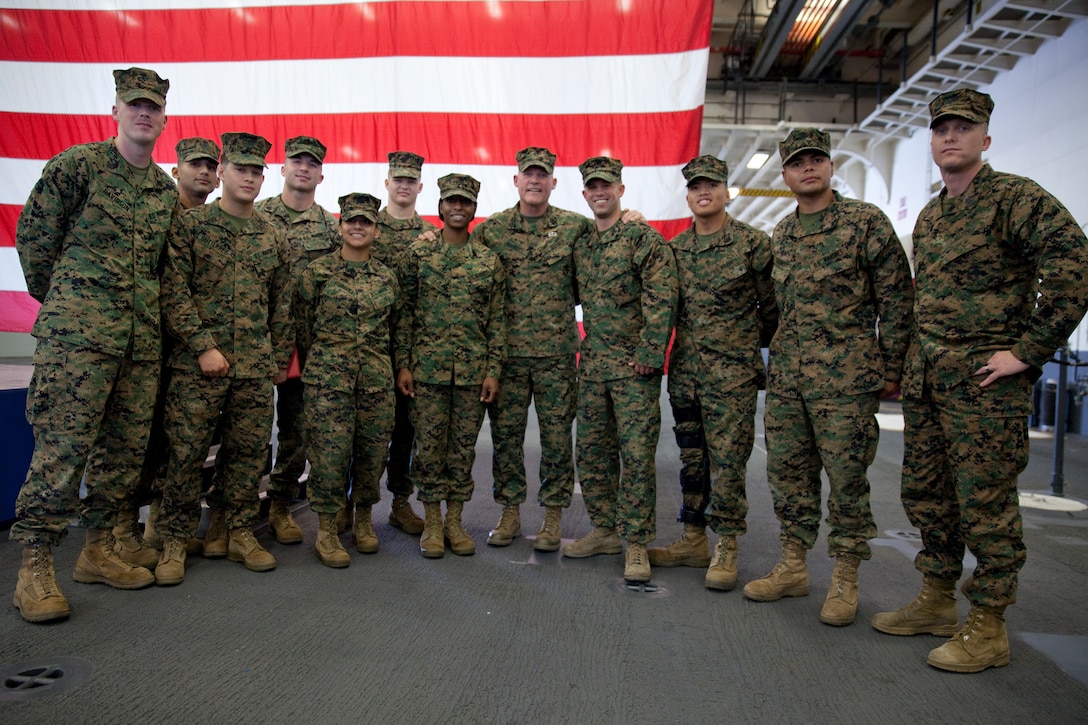 Sgt. Maj. Micheal P. Barrett, the 17th Sergeant Major of the Marine Corps, speaks to Marines and Sailors aboard the USS America (LHA-6), at Naval Base San Diego, Calif., on Jan. 5, 2015. (U.S. Marine Corps photo by Lance Cpl. Samantha K. Draughon/ Released)