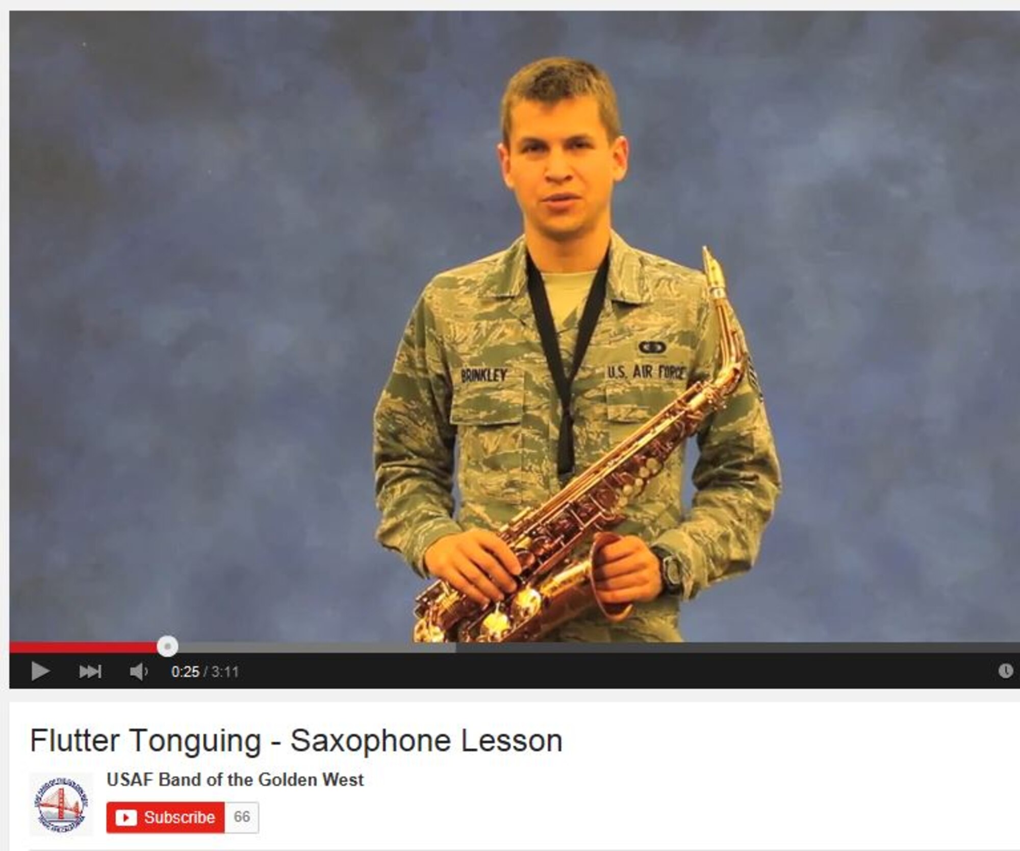Staff Sgt. Caleb Brinkley presents a saxophone lesson on flutter tonguing in a YouTube video for the Band of the Golden West (courtesy photo)