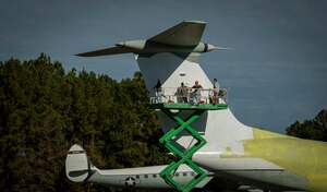 The Lockheed C-141 Starlifter receives a fresh set of paint Jan. 7th, 2015, at Joint Base Charleston – Air Base, S.C. The aircraft was stripped to its metal exterior and received coatings of primer prior to being painted to its original white-grey tone. (U.S. Air Force photo / Senior Airman Tom Brading)