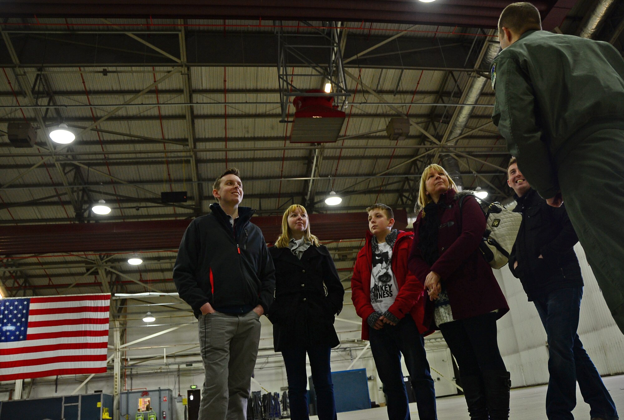 The Buckley family, British locals from Sheffield, visits a 492nd Fighter Squadron F-15E Strike Eagle aircraft during the Pilot for a Day program at Royal Air Force Lakenheath, England, Dec. 30, 2014. Liam Buckley, left, dreams of becoming a pilot and recently finished his degree in Aerospace Engineering at Sheffield Hallum University. (U.S. Air Force photo by Senior Airman Erin O’Shea/Released) 