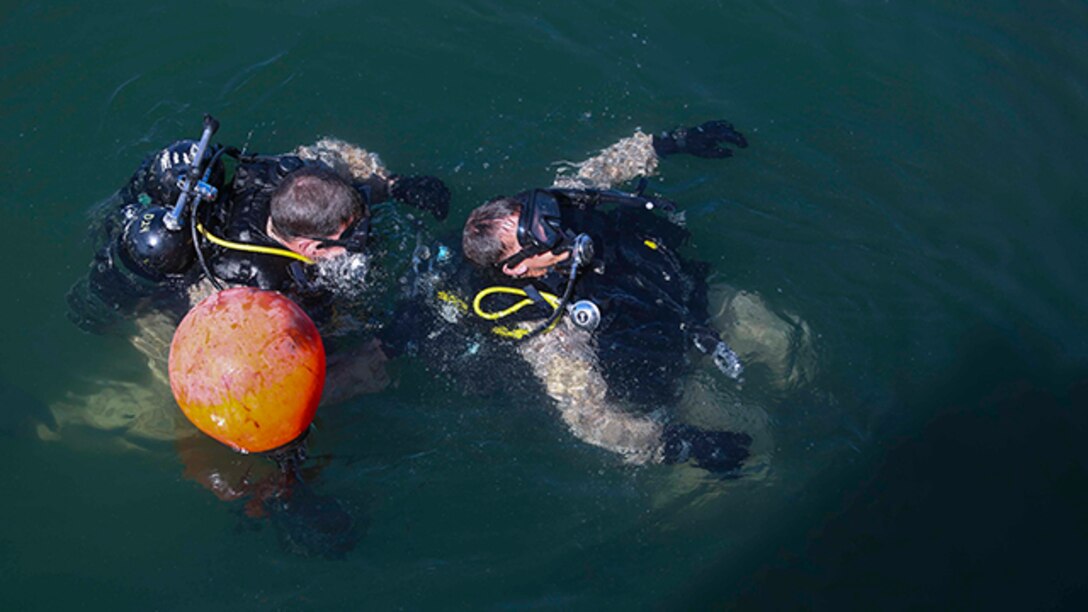 U.S. Marines with the Force Reconnaissance detachment, 11th Marine Expeditionary Unit, conduct buddy checks as a part of pier-search dive training Jan. 3, 2014. The 11th MEU is deployed with Makin Island Amphibious Ready Group as a theater reserve and crisis response force throughout U.S. Central Command and 5th Fleet area of responsibility. (U.S. Marine Corps photo by Cpl. Evan R. White/Released)