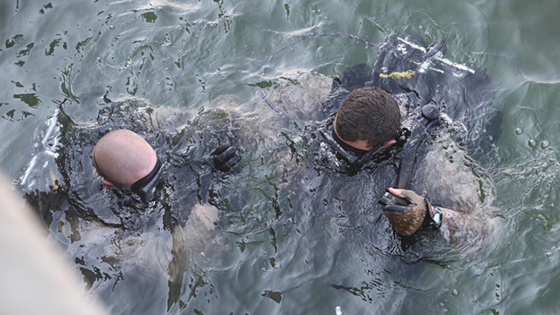 U.S. Marines with the Force Reconnaissance detachment, 11th Marine Expeditionary Unit, inspect gear before descending during a sustainment dive, Jan. 2, 2014. The 11th MEU is deployed with Makin Island Amphibious Ready Group as a theater reserve and crisis response force throughout U.S. Central Command and 5th Fleet area of responsibility. (U.S. Marine Corps photo by Cpl. Evan R. White/Released)