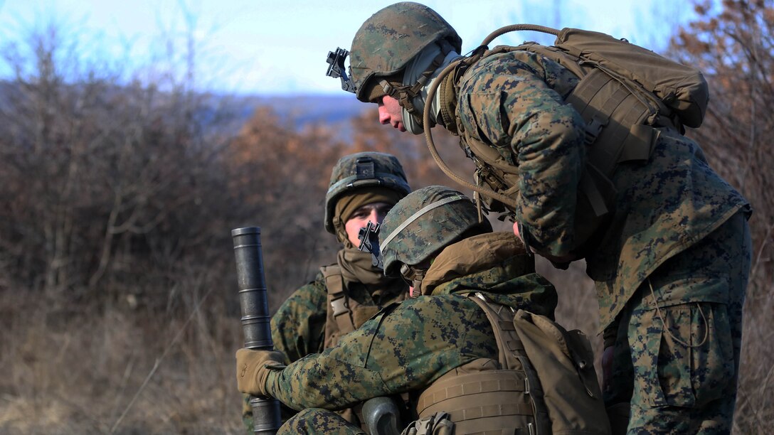 Black Sea Rotational Force Marines with 81mm Mortar Platoon fire high explosive and illumination rounds downrange Jan. 6 at Novo Selo Training Area, Bulgaria. The Marines, with Weapons Co., 2nd Battalion, 2nd Marines, embarked on a week-long training exercise including night-fire and a company sized attack. 