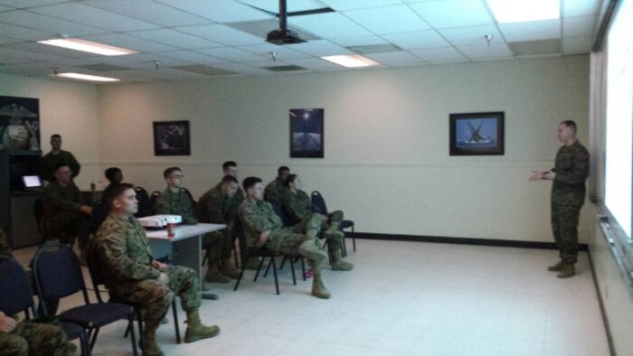 SSgt Raymond P.Griner teaches a class on Sexual Assault Prevention and Response. SSgt Griner works in the Ground Communications Maintenance Section of Headquarters Company and is in charge of the Shipping & Receiving section in GCMS. Always looking for new ways to make his section more efficient and run more smoothly than it already does. 