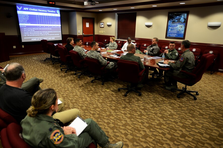 Maj. Gen. Michael A. Keltz, 19th Air Force commander, Joint Base San Antonio–Randolph, Texas, discusses current issues around the Air Force with leadership in the wing conference room on Laughlin Air Force Base, Texas, Jan. 7, 2015. Keltz attended a wing mission brief to get a better understanding of Laughlin AFB's mission and talk with base leaders about the base's history, heritage and future. (U.S. Air Force photo by Staff Sgt. Steven R. Doty)(Released)