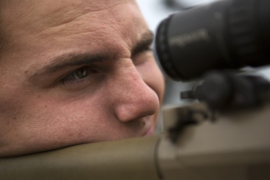Cpl. Tyler Stampes sights in with an M110 semi-automatic sniper system during marksmanship/observer training on Range 22 Jan. 6. Stampes is with the Special Reaction Team, Camp Foster Provost Marshal’s Office, Marine Corps Installations Pacific - Marine Corps Base Camp Butler and a Bakersfield, Calif., Native. SRT is the military equivalent of Special Weapons and Tactics teams. (U.S. Marine Corps photo by Sgt. Matthew Callahan)