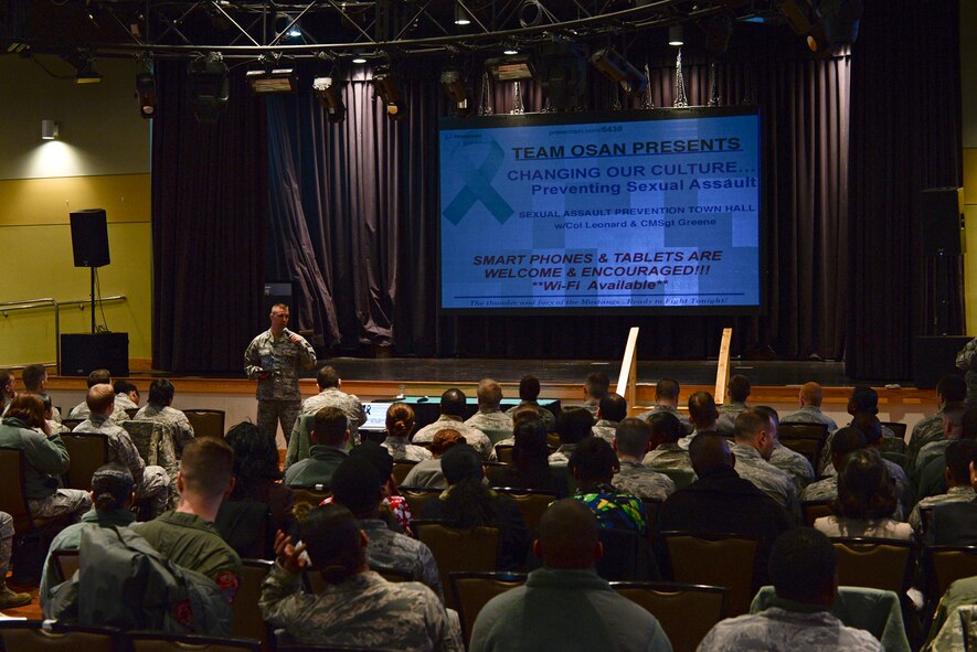 Col. Brook Leonard, 51st Fighter Wing commander, speaks at a Sexual Assault Prevention town hall Jan. 8, 2014, at Osan Air Base, Republic of Korea. The open-forum meeting was designed to give attendees the chance to voice their concerns and ideas to the 51st FW's Sexual Assault Response Coordinator's, who are scheduled to attend a week-long sexual assault prevention summit in Washington D.C. next week. (U.S. Air Force photo by Staff Sgt. Jake Barreiro)