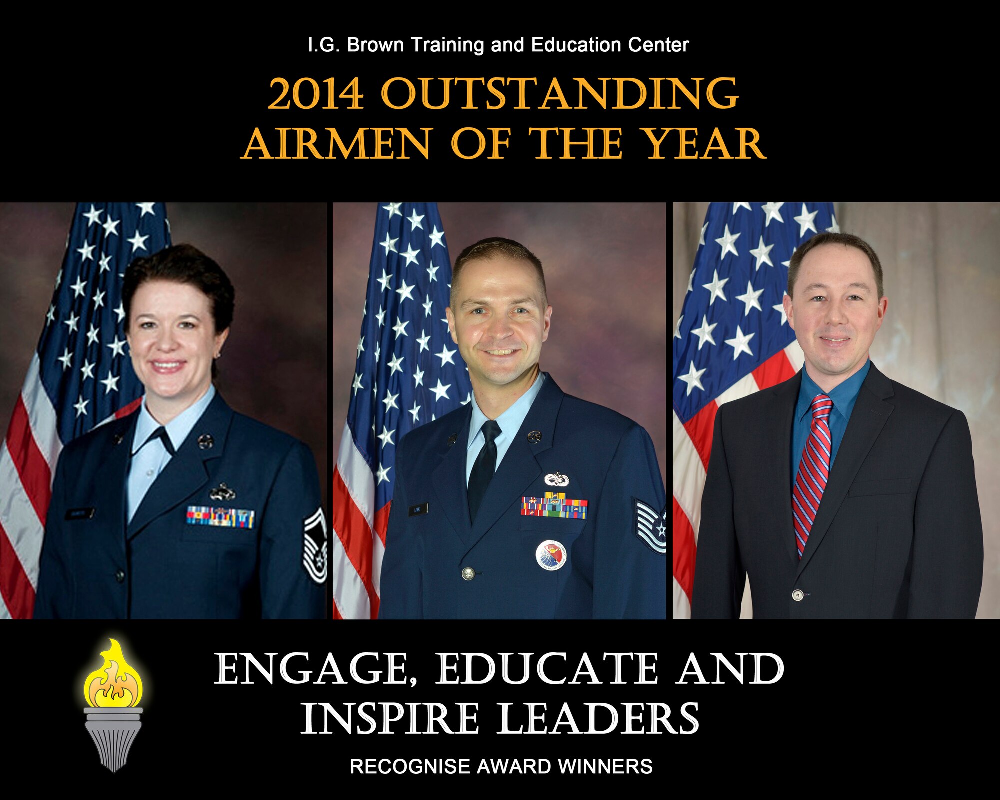 MCGHEE TYSON AIR NATIONAL GUARD BASE, Tenn. - From left, Senior Master Sgt. Kimberly Bowers, Tech. Sgt. James Laws and Mr. Dustin Russell are the I.G. Brown Training and Education Center's 2014 Outstanding Airmen of the Year. (U.S. Air National Guard file photo illustration/Released)