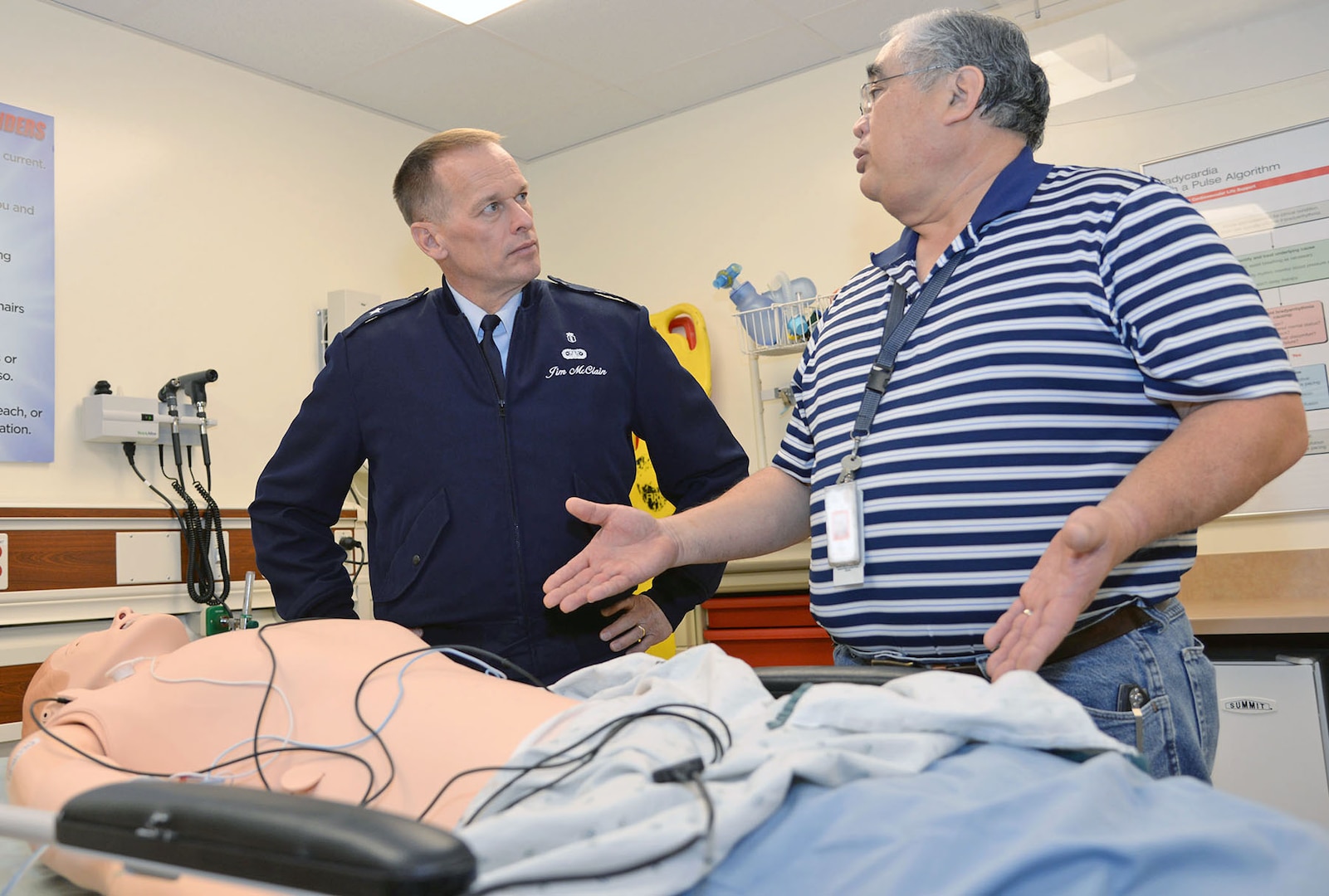 Thomas Kai (right), Graduate Medical Education coordinator for simulation, explains to Brig. Gen. James McClain, Air Force Medical Support Agency commander, the advanced capabilities of simulation training dummies and scenarios that were available to students; during his visit Dec. 8, 2014, at the San Antonio Military Medical Center, Joint Base San Antonio-Fort Sam Houston.
Photo by Air Force Staff Sgt. Christopher Carwile 