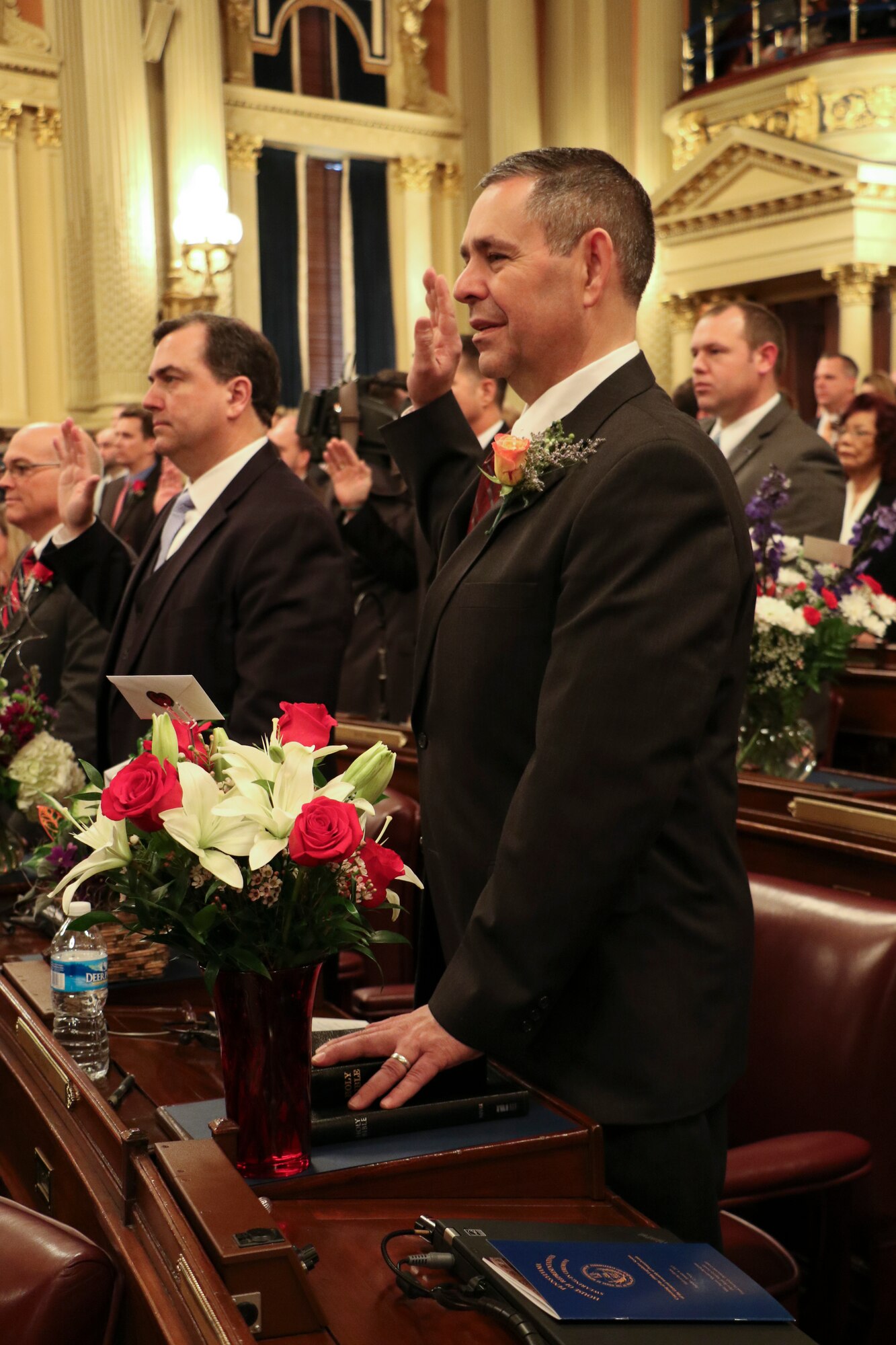 Pennsylvania State Representative Cris Dush, master sergeant with the 193rd Special Operations Security Forces Squadron swears into office during the Pennsylvania House of Representative Swearing-In Ceremony, Harrisburg, Jan. 6, 2015. Dush will represent approximately 62,000 people in the 66th Legislative District. (U.S. Air National Guard photo by Tech. Sgt. Culeen Shaffer/Released)