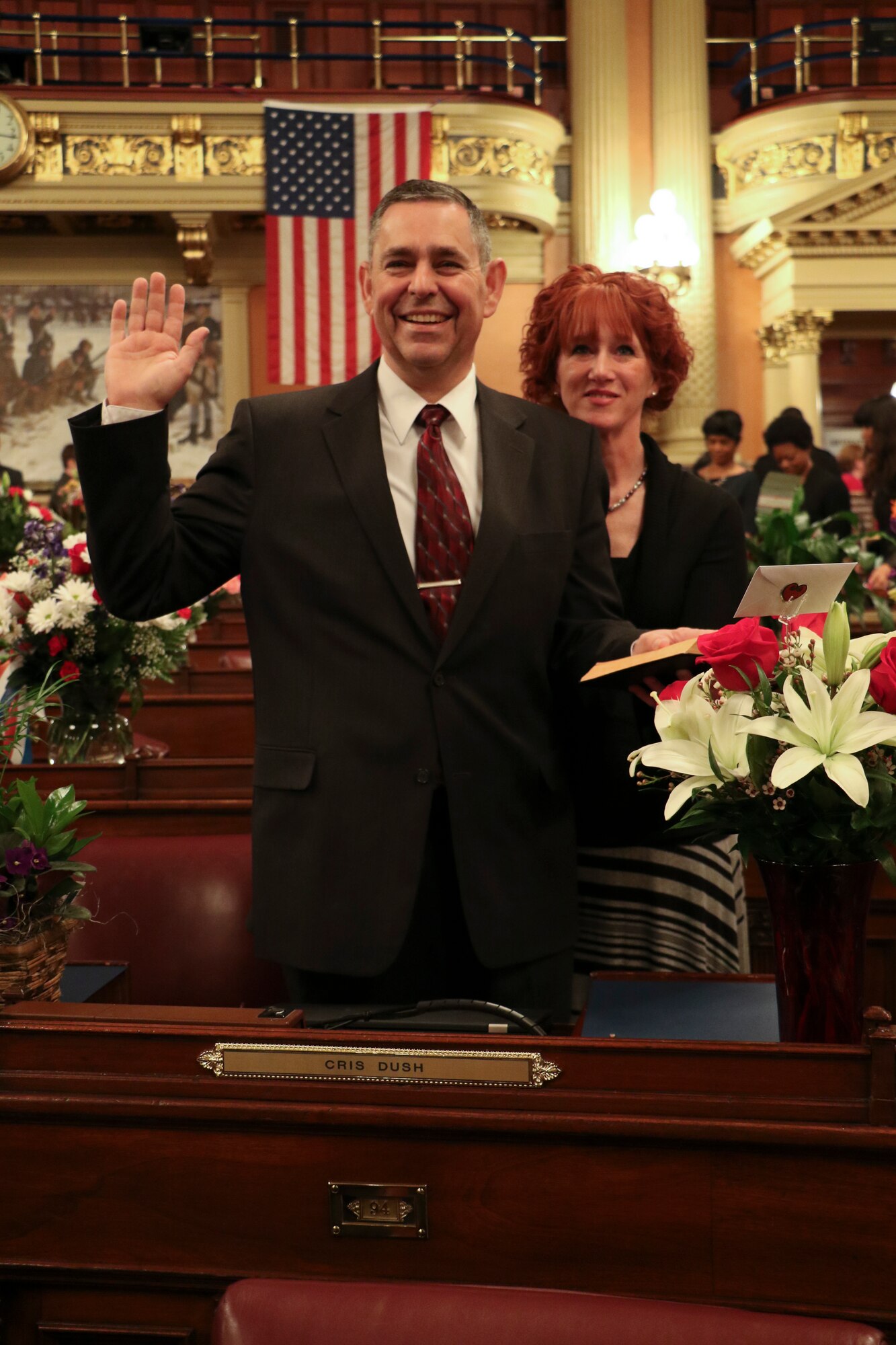 Pennsylvania State Representative Cris Dush, left, master sergeant with the 193rd Special Operations Security Forces Squadron and wife Traci Dush pose for a photo prior to the Pennsylvania House of Representative Swearing-In Ceremony, Harrisburg, Jan. 6, 2015. Dush will represent approximately 62,000 people in the 66th Legislative District. (U.S. Air National Guard photo by Tech. Sgt. Culeen Shaffer/Released)