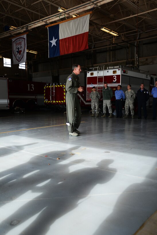 Maj. Gen. Michael A. Keltz, 19th Air Force commander, Joint Base San Antonio–Randolph, Texas, addresses members of the 47th Mission Support Group at the fire station on Laughlin Air Force Base, Texas, Jan. 7, 2015.When asked about future operations tempo, Airman were instructed to “brace themselves”. He noted that as we close the chapter on other contingencies, our mission will always take us toward other challenges. (U.S. Air Force photo by Staff Sgt. Steven R. Doty)(Released)