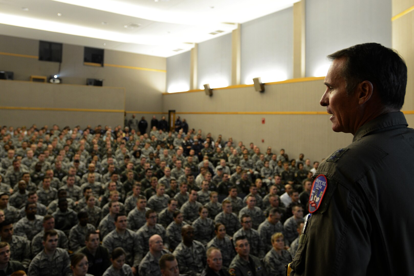 Maj. Gen. Michael A. Keltz, 19th Air Force commander, Joint Base San Antonio–Randolph, Texas, addresses members of Team XL in Anderson Hall on Laughlin Air Force Base, Texas, Jan. 7, 2015. Keltz passionately expressed the importance for leaders to “give purpose, direction and motivation to prepare Airmen for combat”. He stressed continued innovation into the future as we search for the “wild mavericks” who help make positive changes in today’s Air Force. (U.S. Air Force photo by Staff Sgt. Steven R. Doty)(Released)