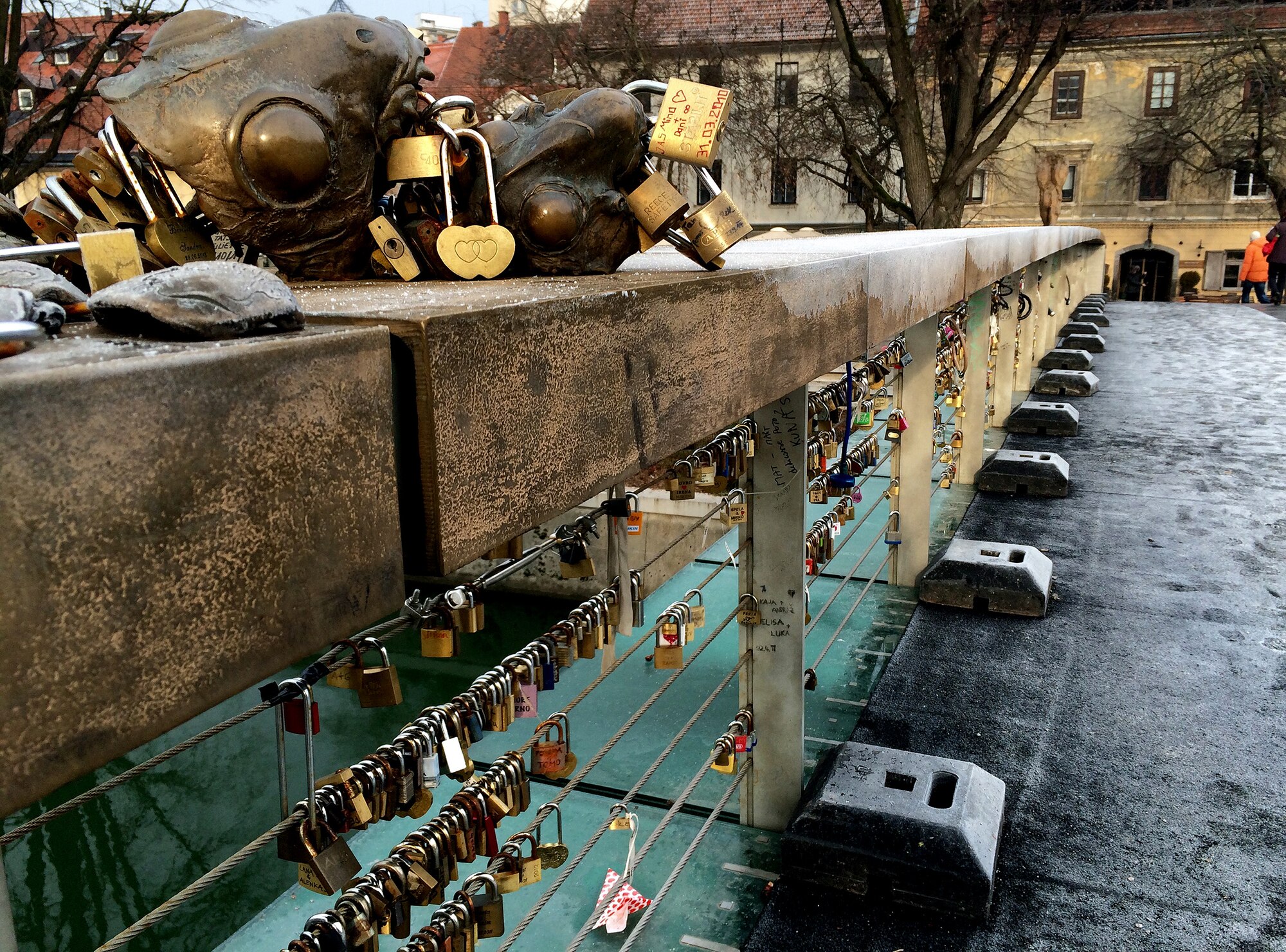 Thousands of locks can be seen on the railings on Butchers’ Bridge in Ljubljana, Slovenia, which crosses Ljubljanica River. The locks represent a couple’s eternal love for one another. (U.S. Air Force photo/Staff Sgt. R.J. Biermann)