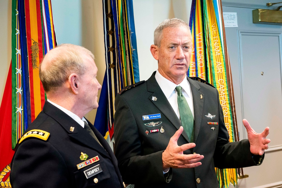 U.S. Army Gen. Martin E. Dempsey, right, chairman of the Joint Chiefs of Staff, and Lt. Gen. Benjamin "Benny" Gantz, chief of the Israeli general staff, talk to reporters at the Pentagon, Jan. 8, 2015.