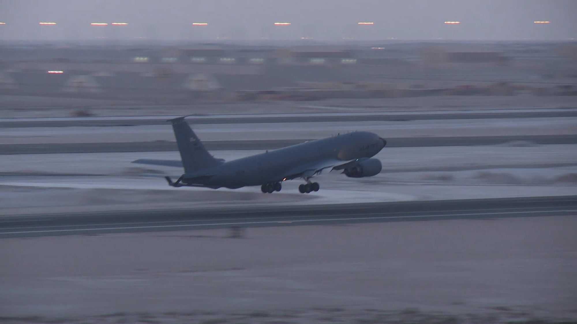 A KC-135 Stratotanker takes off from the flightline Dec. 31, 2014, at Al Udeid Air Base, Qatar. The 340th Expeditionary Air Refueling Squadron here surpassed a major milestone with their Roll-On Beyond Line of Sight Enhancement data link system when the unit completed 40,000 flight hours while supporting combat missions in the U.S. Central Command area of operations. (U.S. Air Force photo by Staff Sgt. Mariko Frazee)