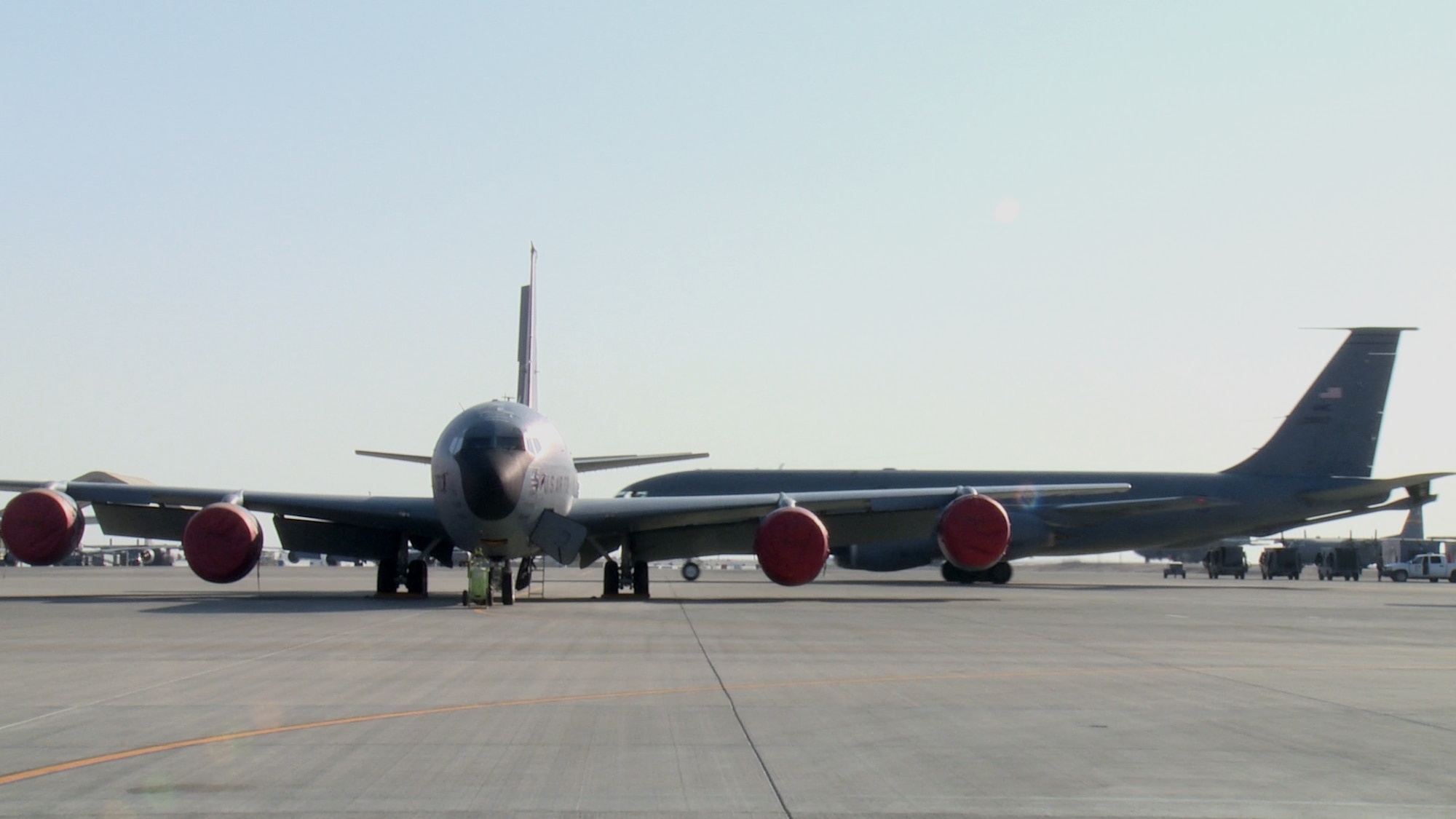 KC-135 Stratotankers are taxied on the flightline Dec. 29, 2014, at Al Udeid Air Base, Qatar. The 340th Expeditionary Air Refueling Squadron here surpassed a major milestone with their Roll-On Beyond Line of Sight Enhancement data link system when the unit completed 40,000 flight hours while supporting combat missions in the U.S. Central Command area of operations. (U.S. Air Force photo by Staff Sgt. Mariko Frazee)