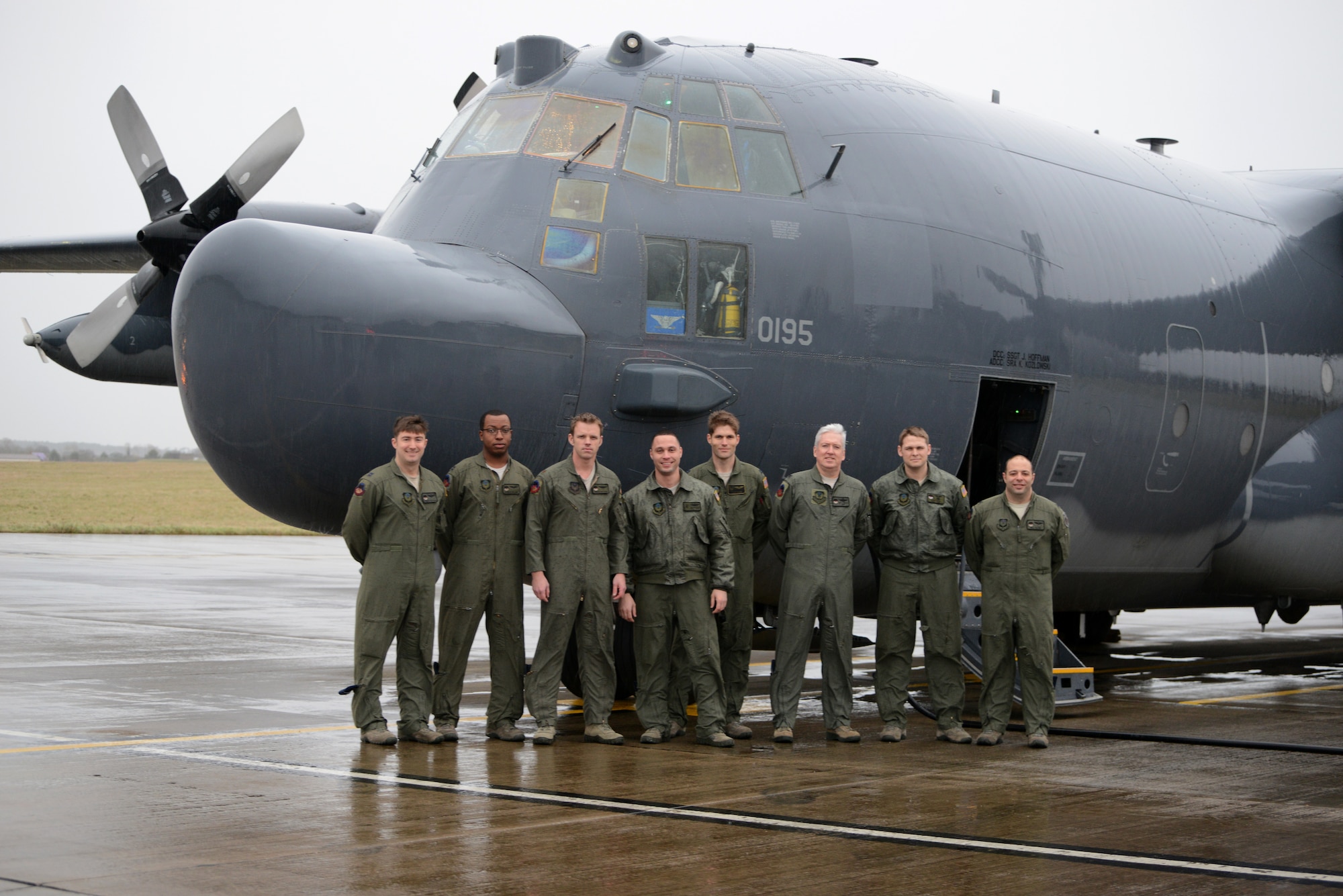 The aircrew prior to their departure flight Jan. 8, 2015, from RAF Mildenhall to Hurlburt Field, Florida. This is the last MC-130H Combat Talon II departure, thus ending its tenure at the 7th Special Operations Squadron at RAF Mildenhall. The MC-130H, tail number 0195, is the last of its kind to leave the European theater. (U.S. Air Force photo by Tech. Sgt. Stacia Zachary/Released)