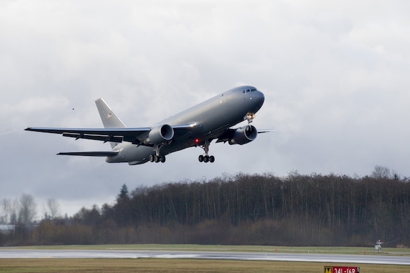 The KC-46A Pegasus development program completed its first flight of Engineering, Manufacturing and Development (EMD) aircraft #1 Dec. 28, 2014. Air Force officials announced April 14 that Tinker Air Force Base, Oklahoma; Seymour-Johnson AFB, North Carolina; Westover Air Reserve Base, Massachusetts; and Grissom ARB, Indiana are candidate bases for the first Air Force Reserve-led KC-46A location.  (Courtesy photo) 