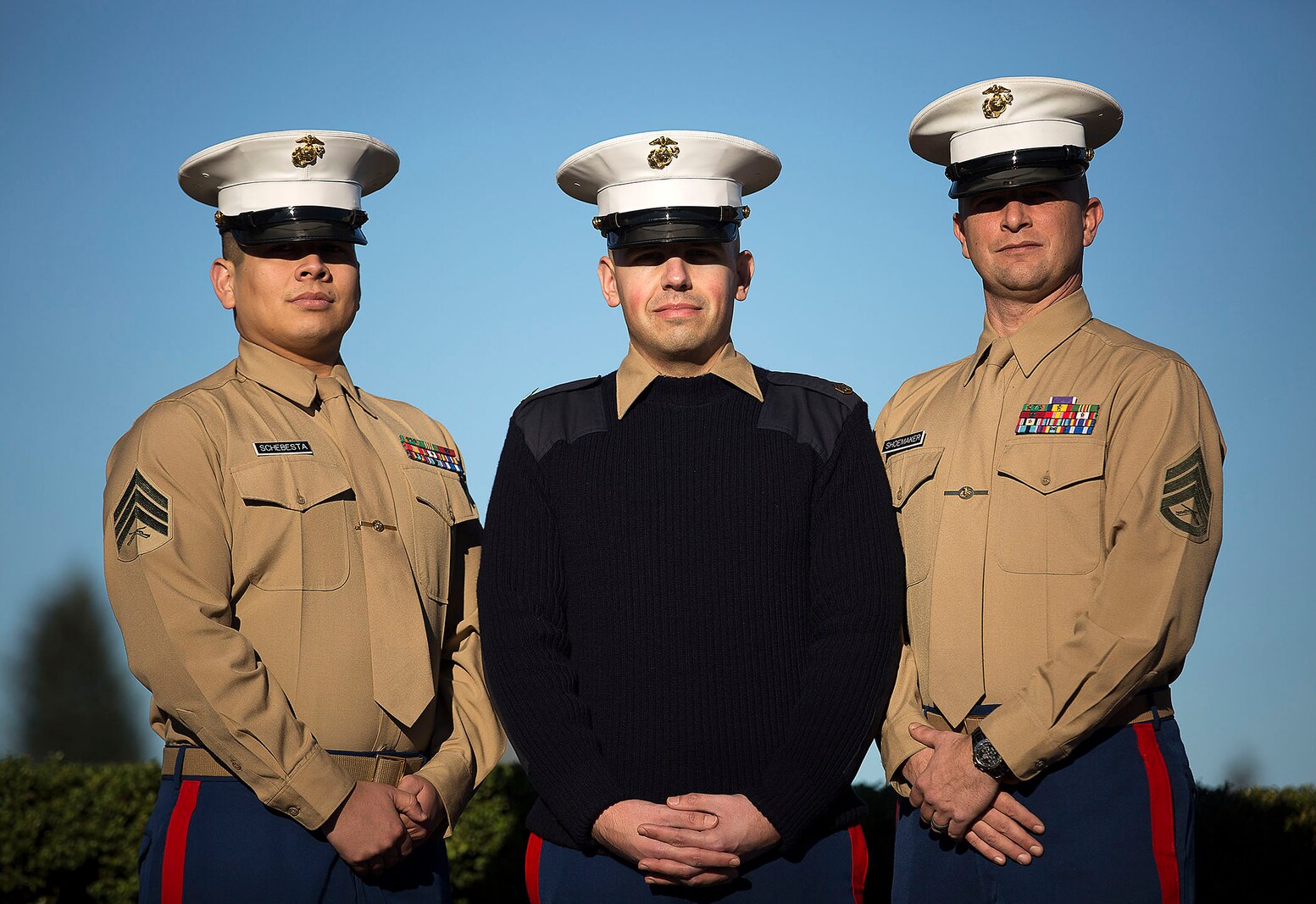 LYNWOOD, Wa. -- Sgt. Ricardo Schebesta (left), Staff Sgt. Bryson Twigg and Staff Sgt. Ben Shoemaker, Marine recruiters in Lynnwood and Everett, Washington, responded to a situation Jan. 6, 2015, in which two young men attempted to rob an elderly woman outside their Lynnwood recruiting office. Despite being told by the victim the suspects were armed with a gun, the Marines ran through rush-hour traffic to pursue them. Shoemaker subdued one of the suspects using a wrist lock, a technique taught in the Marine Corps Martial Arts Program, and held the suspect until police arrived to arrest him. Police retrieved a metal bat from the suspect’s pants but have not yet located his accomplice. Schebesta is from Anaheim, California. Shoemaker is from Spokane, Washington. Twigg is from Akron, Ohio. (U.S. Marine Corps photo by Sgt. Reece Lodder)