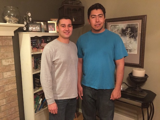Master Sgt. Michael Simon  (left) poses with Mohammad Javad or "MJ," a former Afghan interpreter, during the Christmas holiday. Simon worked closely with MJ in Afghanistan while training Afghan Airmen to run an independent and operationally capable Air Force. Simon is an Academy Military Trainer for Cadet Squadron 16. (U.S. Air Force photo)