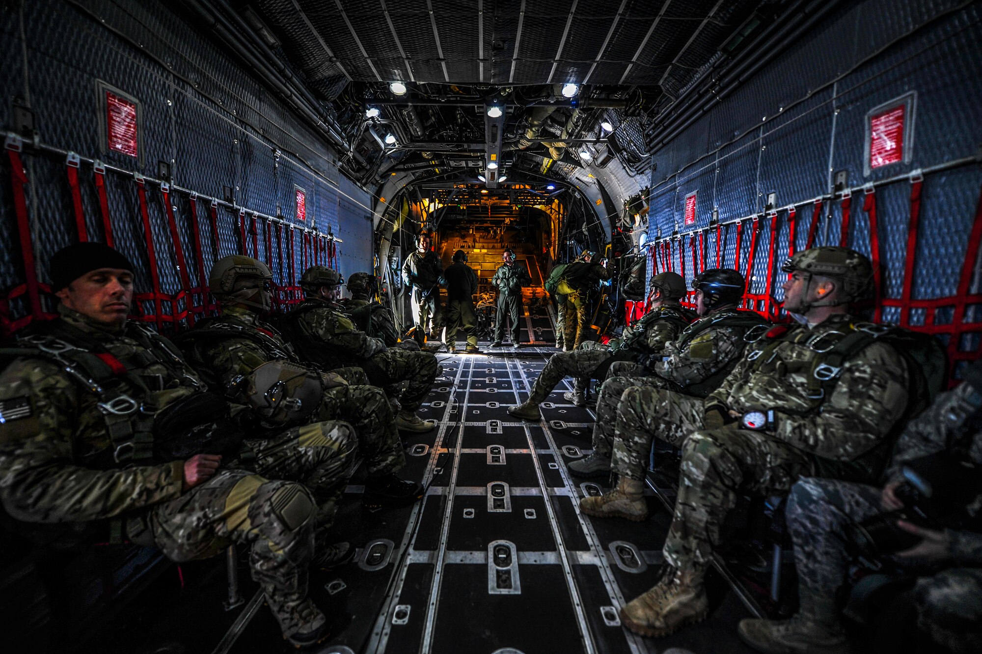 Special Tactics members from the 24th Special Operations Wing prepare to jump out of an MC-130H Talon II at Hurlburt Field, Fla., Jan. 7, 2014. A group of 16 jumpers trained for real-world jumps into austere or hostile environments, when aircraft aren’t able to land in enemy territory or rough terrain.  (U.S. Air Force photo/Senior Airman Christopher Callaway)