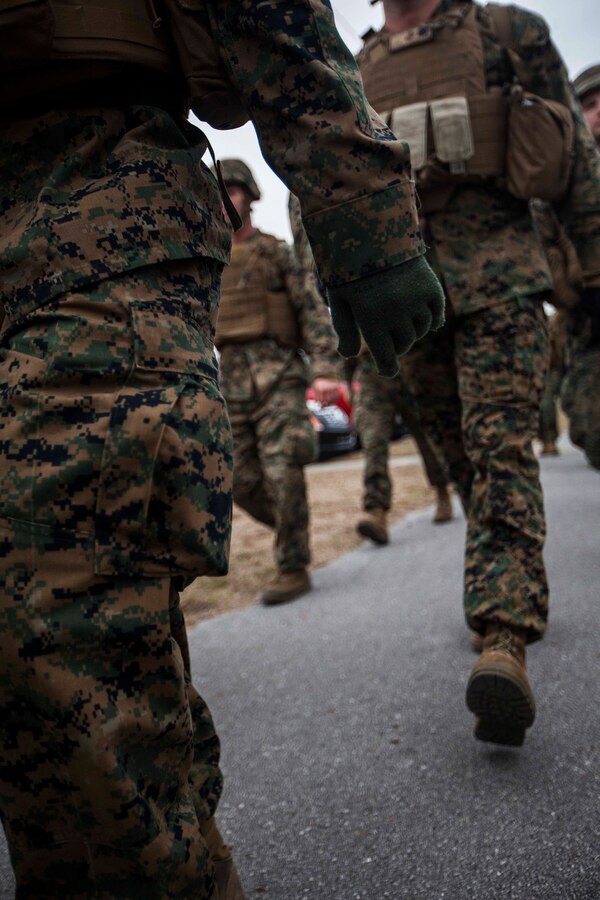 U.S. Marines with the 22nd Marine Expeditionary Unit march in a five-mile unit hike at Marine Corps Base Camp Lejeune, N.C., Jan. 9, 2015. The unit conducted the hike to maintain unit readiness and build morale. (U.S. Marine Corps photo by Sgt. Austin Hazard/Released)