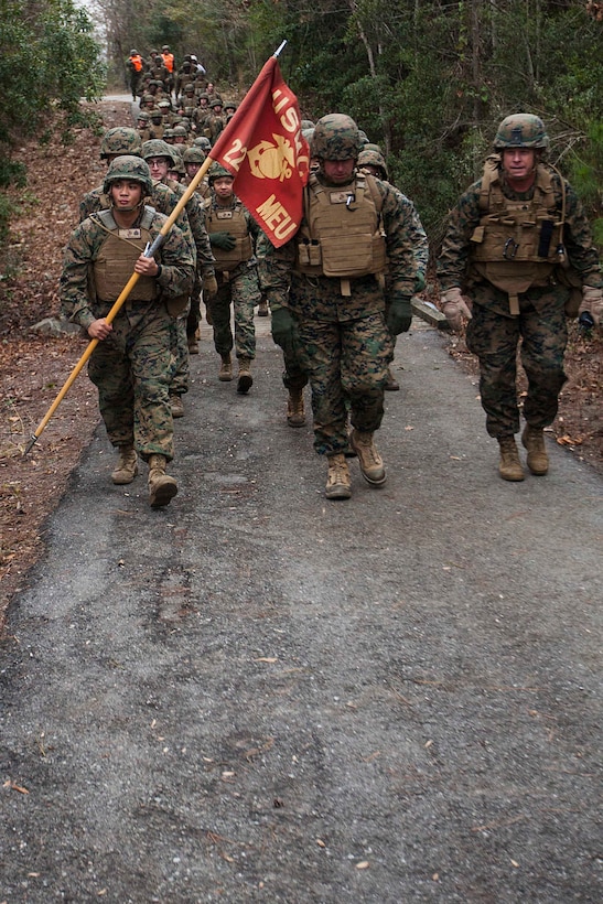 U.S. Marines with the 22nd Marine Expeditionary Unit march in a five-mile unit hike at Marine Corps Base Camp Lejeune, N.C., Jan. 9, 2015. The unit conducted the hike to maintain unit readiness and build morale. (U.S. Marine Corps photo by Sgt. Austin Hazard/Released)
