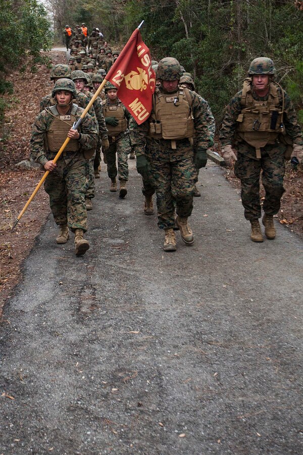 U.S. Marines with the 22nd Marine Expeditionary Unit march in a five-mile unit hike at Marine Corps Base Camp Lejeune, N.C., Jan. 9, 2015. The unit conducted the hike to maintain unit readiness and build morale. (U.S. Marine Corps photo by Sgt. Austin Hazard/Released)