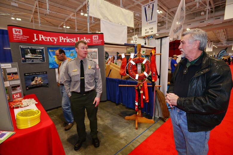U.S. Army Corps of Engineers Nashville District Park Ranger Charlie Leath from the Old Hickory Lake welcomes boating enthusiiasts to the Corps booth at the 29th annual Nashville Boat & Sportshow on Thursday, Jan. 8, 2015 in Music City Center.  Attendees are encouraged to navigate to the Corps of Engineers booth to get important information about local lakes before embarking on the water this recreation season.  