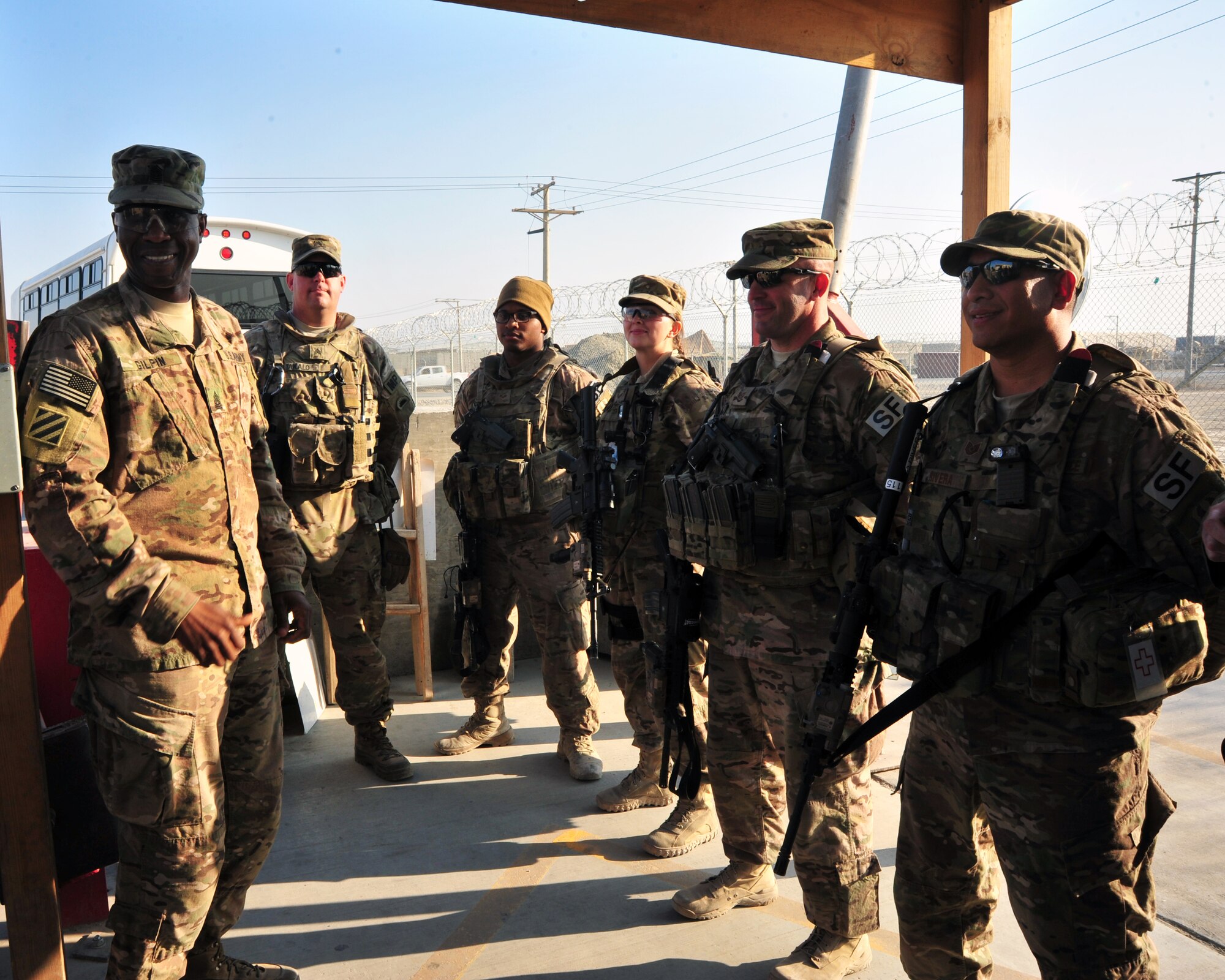 U.S. Army Command Sgt. Maj. Christopher Gilpin, Combined Joint Task Force 3 United States Forces Afghanistan, meets with defenders during a tour Jan. 6, 2015 at Bagram Airfield, Afghanistan. During the tour, Gilpin had the opportunity to meet with 455th Air Expeditionary Wing leadership and become better acquainted with Air Force assets and squadrons. (U.S. Air Force photo by Staff Sgt. Whitney Amstutz/released)