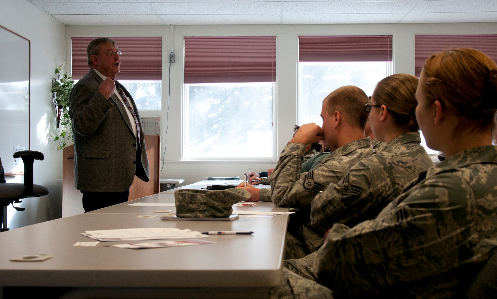 Bill Hardesty, Troops to Teachers Wyoming’s representative, informs Airmen and retirees on opportunities to start a career in education Jan. 6, 2014, in the education center, F.E. Warren Air Force Base, Wyo. Hardesty said he has assisted more than 100 service members enter into the education career field. (U.S. Air Force photo/Airman 1st Class Malcolm Mayfield)