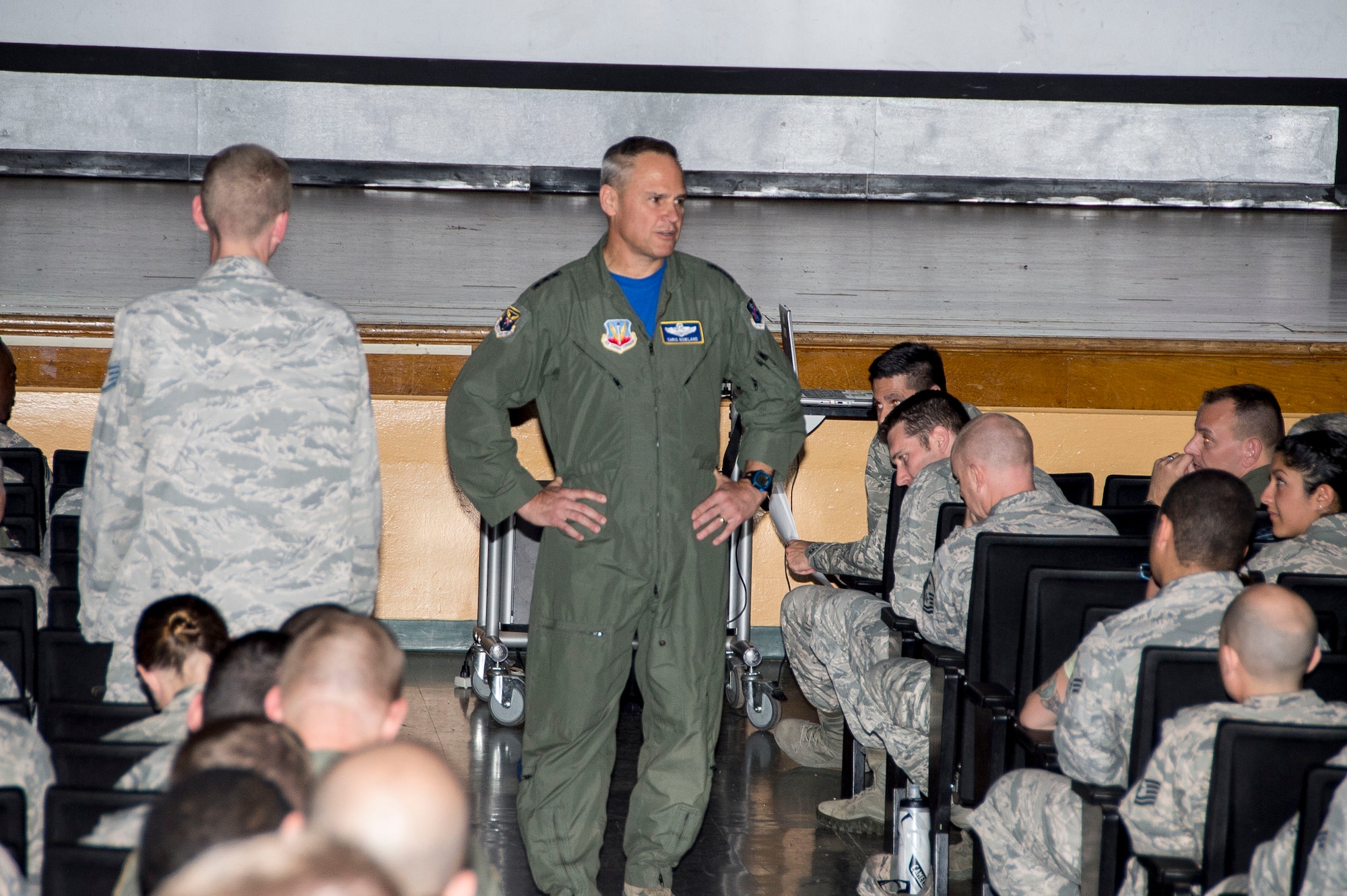 Lt. Gen. Chris Nowland, 12th Air Force (Air Forces Southern) commander,
speaks with Airmen during his first commander's call as commander of 12th
Air Force (Air Forces Southern) at Davis-Monthan AFB, Ariz., Jan. 09, 2015.
During the commander's call Nowland spoke with members on his expectations
and his priorities for the organization. (U.S. Air Force photo by Staff Sgt.
Adam Grant/Released)
