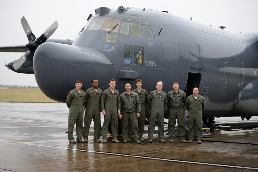 The aircrew prior to their departure flight Jan. 8, 2015, from RAF Mildenhall to Hurlburt Field, Florida. This is the last MC-130H Combat Talon II departed, thus ending its tenure at the 7th Special Operations Squadron at RAF Mildenhall. The MC-130H, tail number 0195, is the last of its kind to leave the European theater. (U.S. Air Force photo by Tech. Sgt. Stacia Zachary/Released)