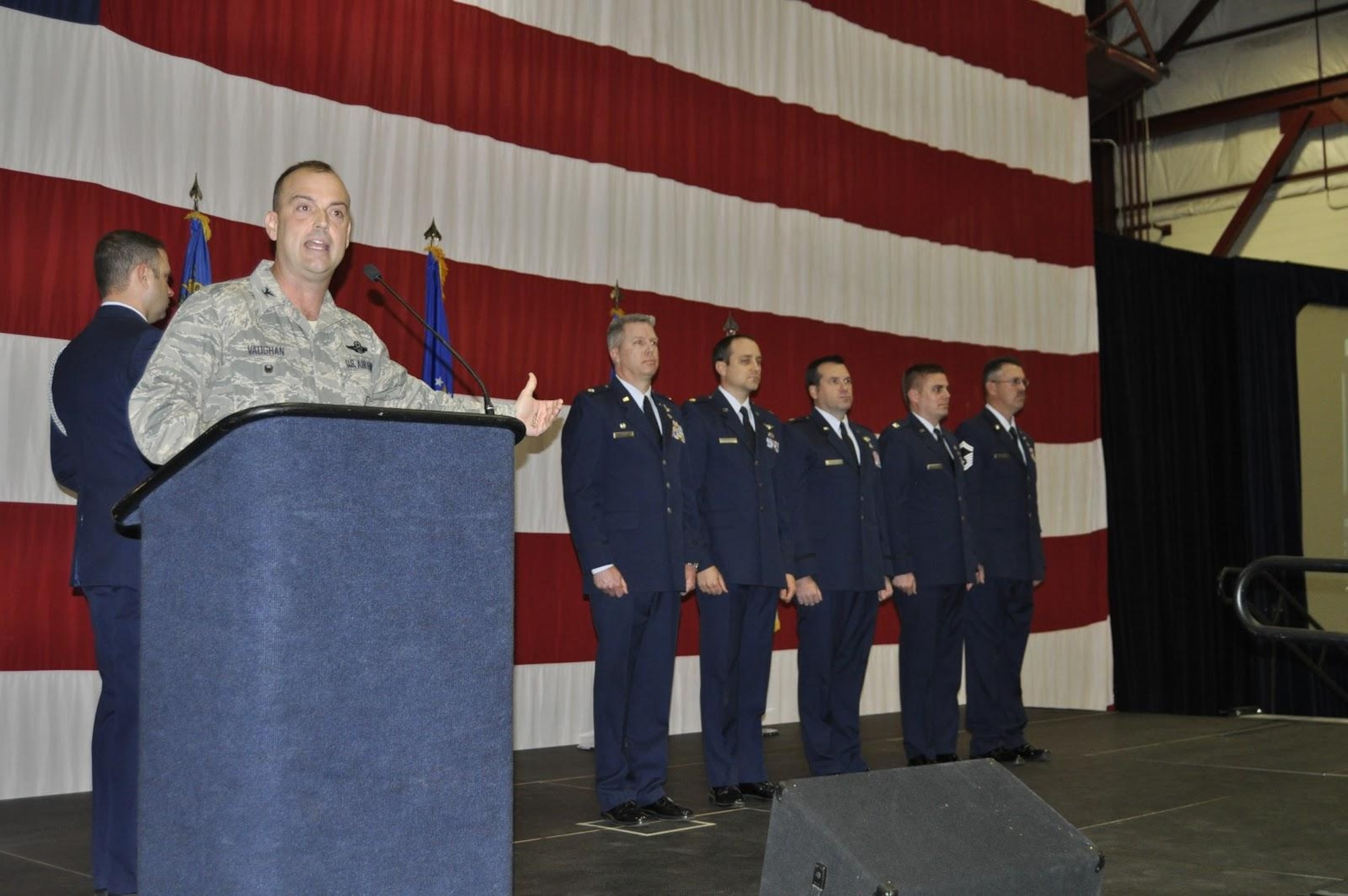ANG Director of Safety Col. Edward Vaughan speaks to the 152nd Airlift Wing about the outstanding safety office at the Nevada Air National Guard annual awards ceremony.