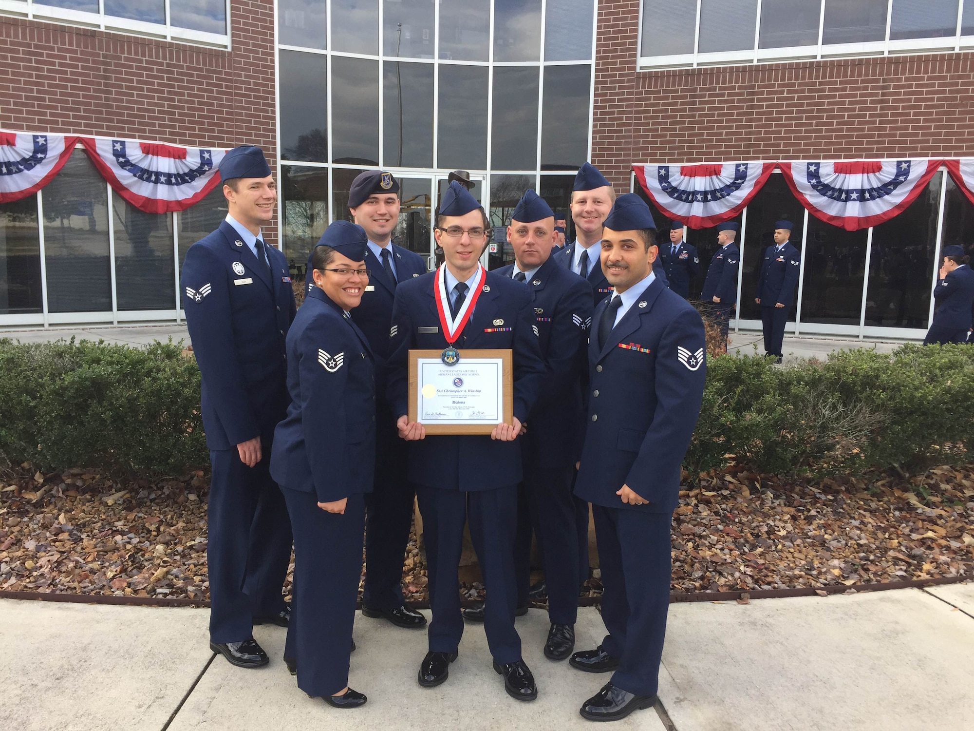 Students attending the Satellite Airman Leadership School (ALS) Class 15-2, from the 102nd Intelligence Wing, Otis Air National Guard Base, Mass.  This was the first ALS class held here via Satellite.