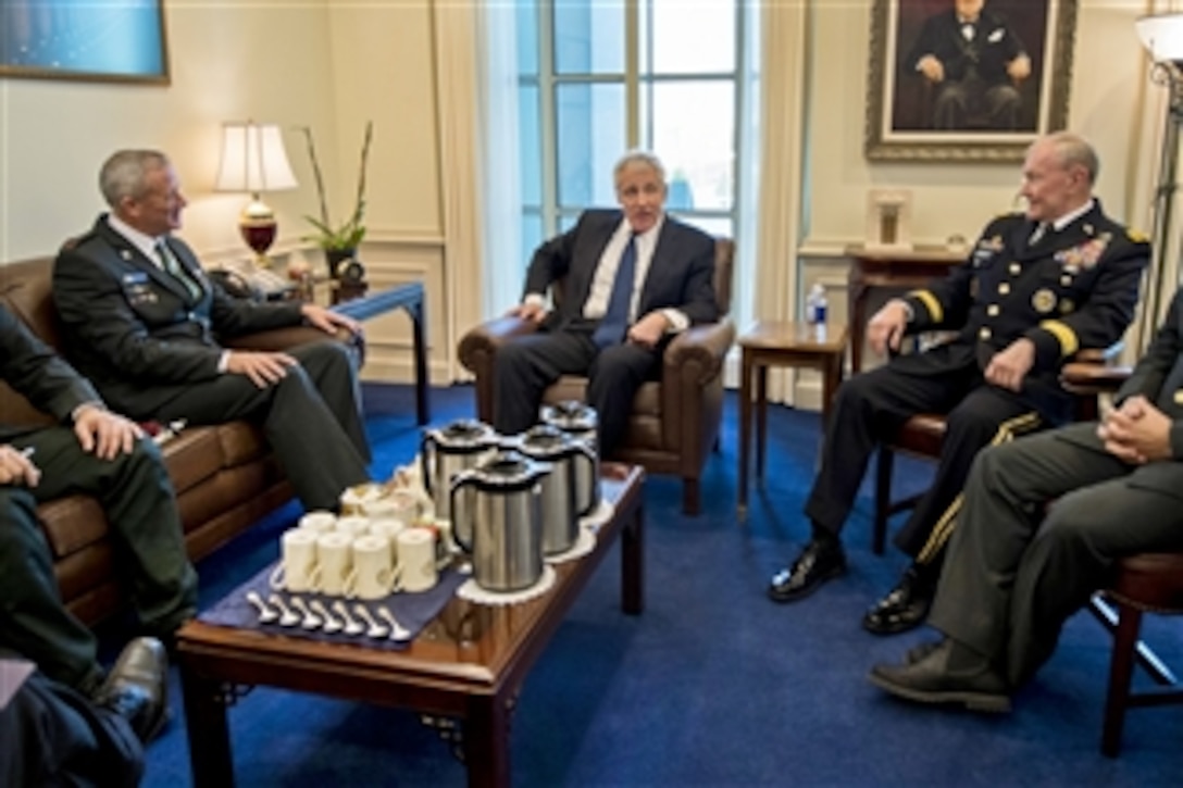 U.S. Defense Secretary Chuck Hagel, center, and U.S. Army Gen. Martin Dempsey, right, chairman of the Joint Chiefs of Staff, meet with Lt. Gen. Benjamin "Benny" Gantz, chief of the Israeli defense staff, at the Pentagon, Jan. 8, 2015. Leaders discussed bilateral cooperation, regional security and other matters of mutual concern.