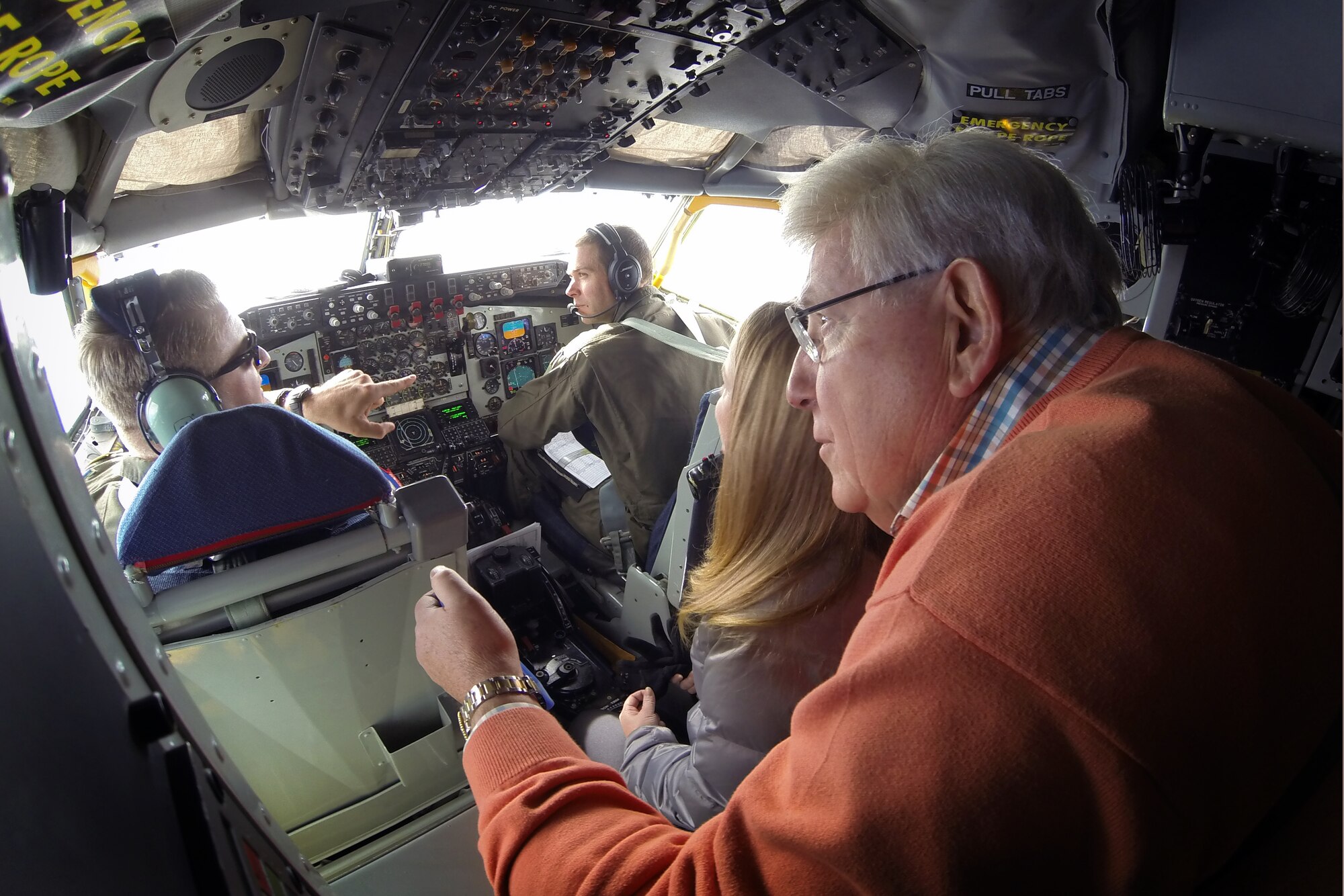 A 916th Air Refueling Wing employer flight guest observes the view from the cockpit area of a KC-135R Stratotanker during flight, Dec. 6, 2014. The flight was part of a 916th ARW Employer Support of the Guard and Reserve event, which allowed employers of traditional Reservists to fly in the KC-135 and observe flight crew members at work. (U.S. Air Force photo by Master Sgt. Wendy Lopedote)  