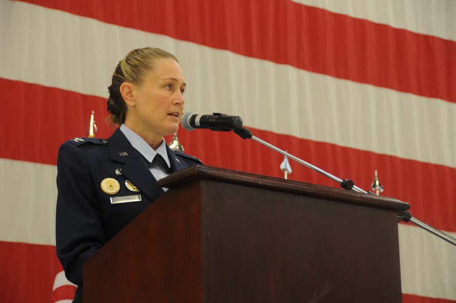 Col. Bobbi Doorenbos speaks during a change of command ceremony held at Ebbing Air National Guard Base, Fort Smith, Ark., Jan. 11, 2015. Doorenbos, former commander of the 214th Reconnaissance Group, assumed command of the 188th Wing from Col. Mark Anderson. (U.S. Air National Guard photo by Airman 1st Class Cody Martin/released)