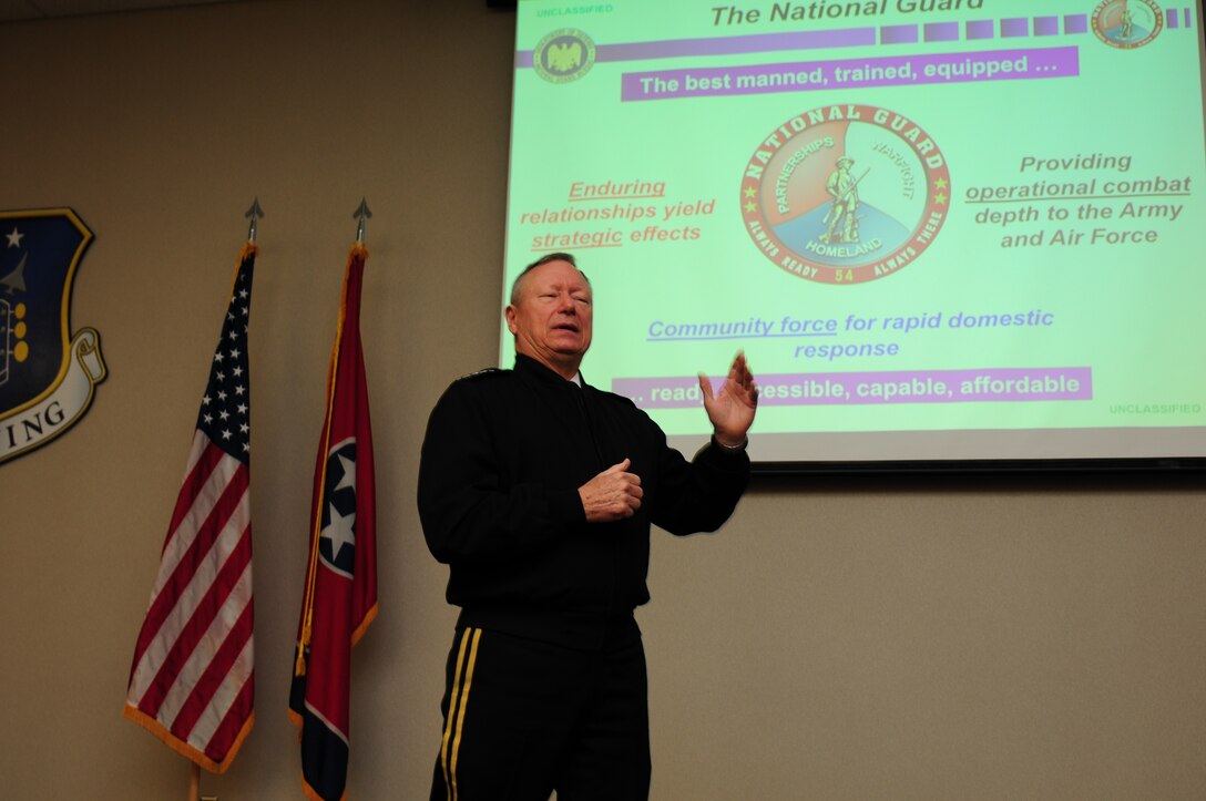 General Frank Grass briefs 118 Wing members at Town Hall meeting (U.S. Air National Guard photo by Master Sgt. Robin Olsen/Released).