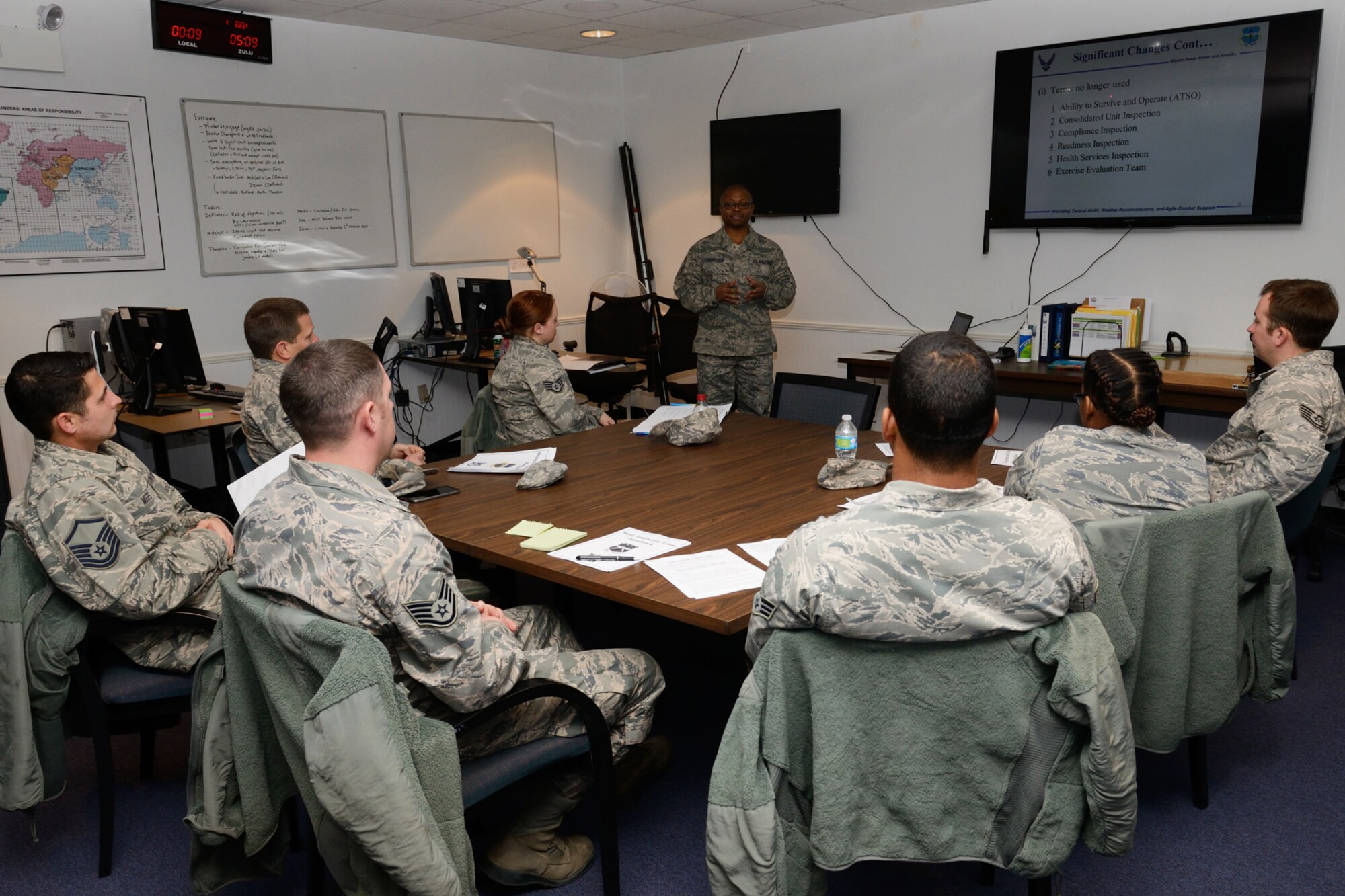 Senior Master Sgt. Mark Thompson, wing inspection team manager for the 403rd Wing, instructs new members of the wing’s WIT program at Keesler Air Force Base, Miss, January 10, 2015. The purpose of the WIT is to assist the wing’s Inspector General office in evaluating the wing commander’s programs, as well as other programs and units within the 403rd Wing. (U.S. Air Force photo/Tech. Sgt. Ryan Labadens)