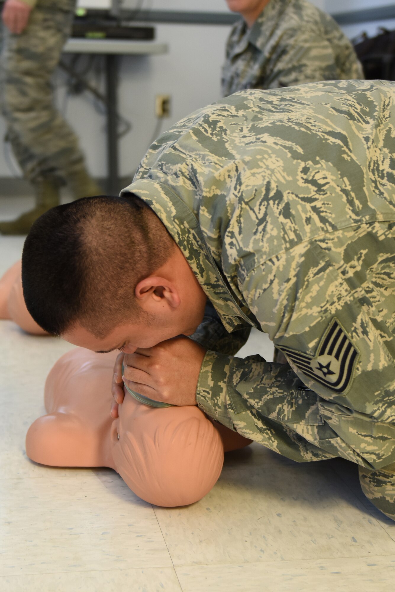 Technical Sgt. Rafael Melgar, a biomedical equipment technician at the 193rd Special Operations Wing, Middletown, Pennsylvania, practices CPR on a mannequin Jan. 11.The 193rd Special Operations Medical Group recently won the Air National Guard Medical Service Outstanding Medical Readiness Team Award. (U.S. Air National Guard photo by Amn Julia Sorber/Released)