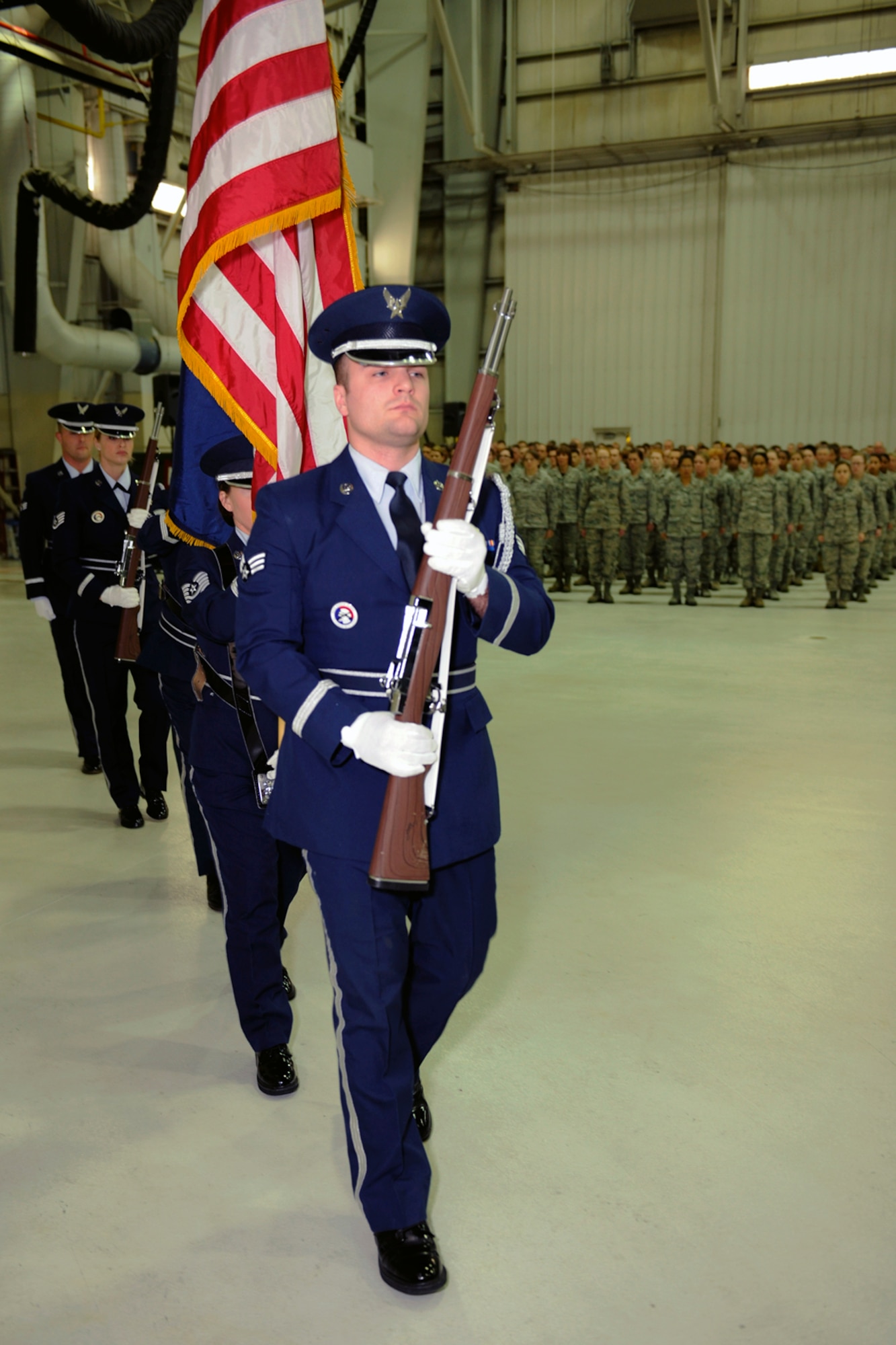 150110-Z-EZ686-153 - Senior Airman Wesley Retka and members of the 127th Wing Honor Guard present colors during the 127th Wing Outstanding Airman of the Year award ceremony at Selfridge Air National Guard Base Mich., on Jan. 10, 2015.  The Outstanding Airman of the Year ceremony is an annual formation in which Airmen are recognized for their achievements during the year.  (U.S. Air National Guard photo by MSgt. David Kujawa/Released)