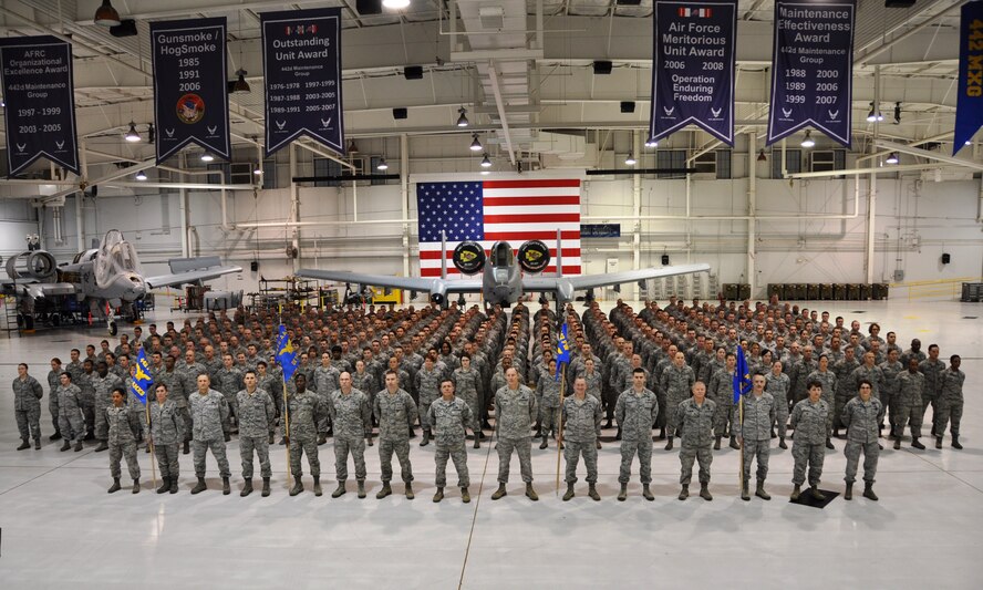 The 442d Fighter Wing Maintenance Group gathered for a photo Sunday during the January 2015 Unit Training Assembly in the 5-Bay hangar here. The 442d Fighter Wing Maintenance Squadron received the 2014 Maintenance Effectiveness Award nomination from Air Force Reserve Command and will go on to compete against winners from other Major Commands for the Air Force-wide award. (U.S. Air Force photo by Captain Jeff Kelly)