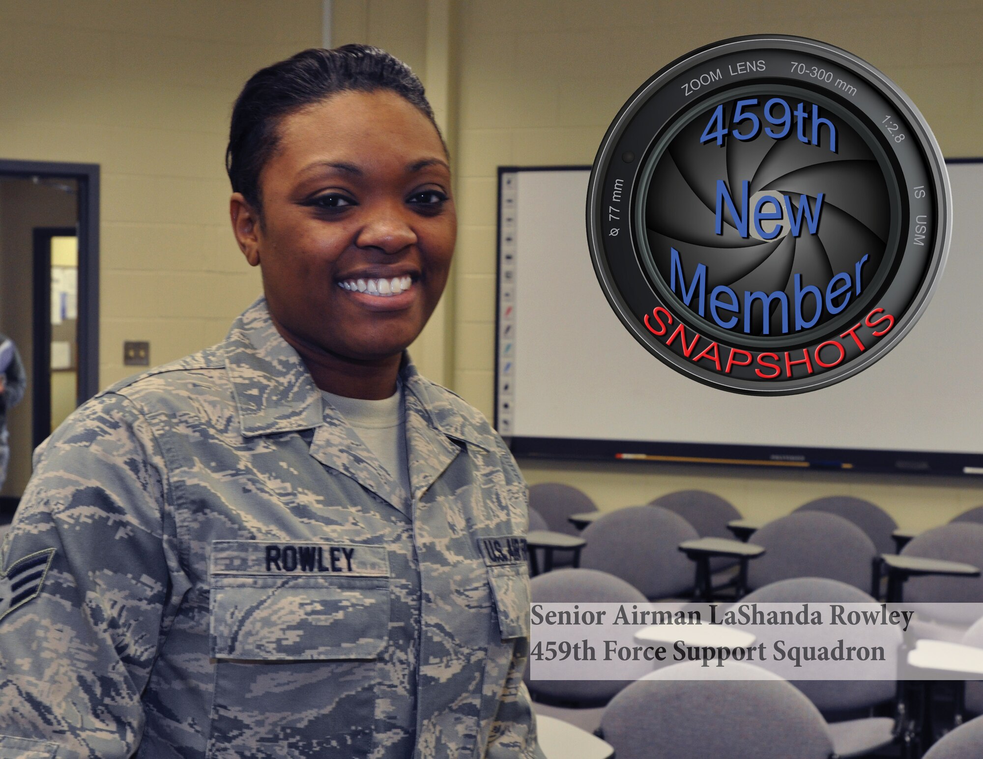 Senior Airman LaShanda Rowley poses for a picture at the 459th Air Refueling Wing, Joint Base Andrews Maryland, January 10, 2015. Rowley is new to the 459 ARW after serving six years on active duty. (U.S. Air Force photo/ Tech. Sgt. Brent A. Skeen)